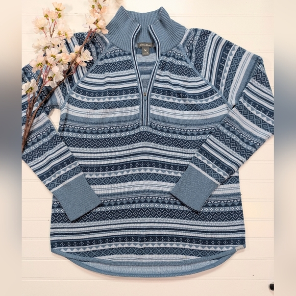 Eddie Bauer Blue Fairisle Striped Quarter Zip Sweater - Picture 1 of 4